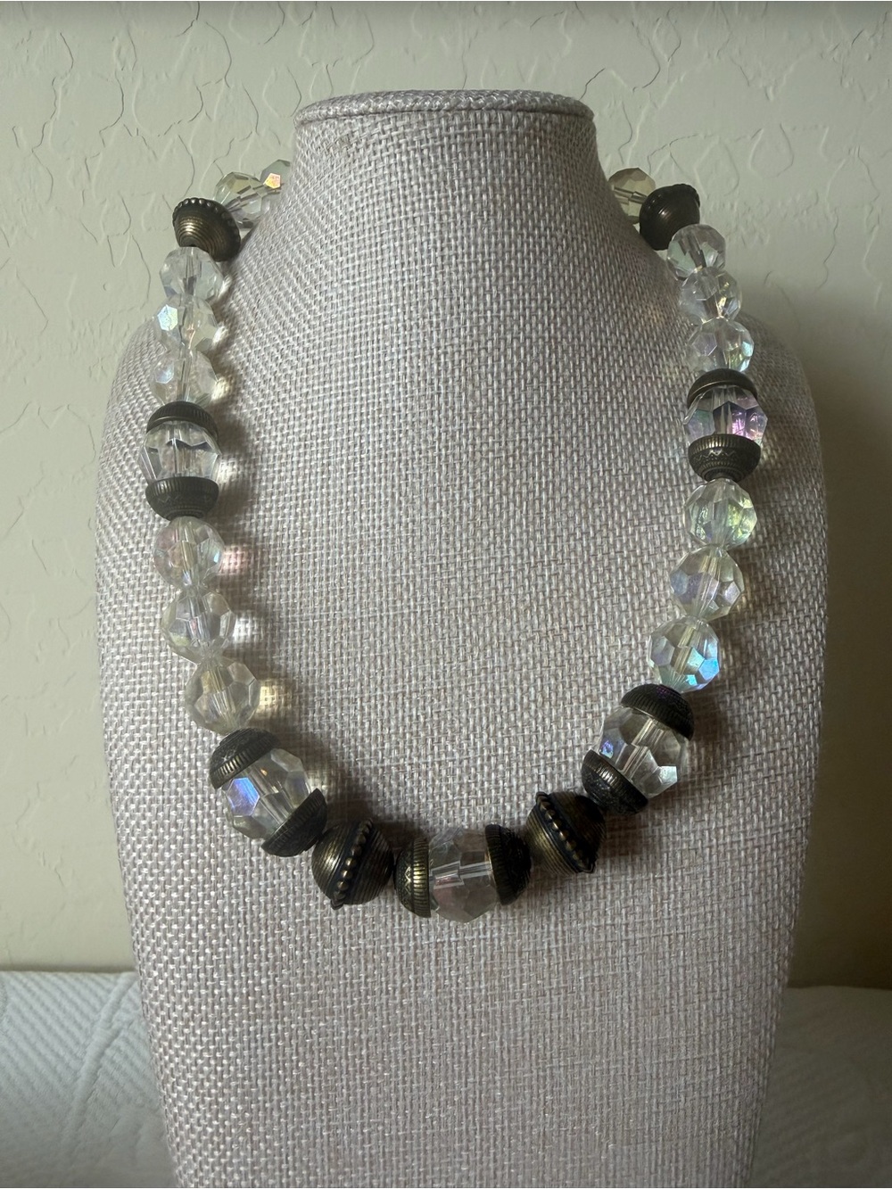 Vintage Aurora Crystal Bead Necklace with Antique Broze-Tone Accents